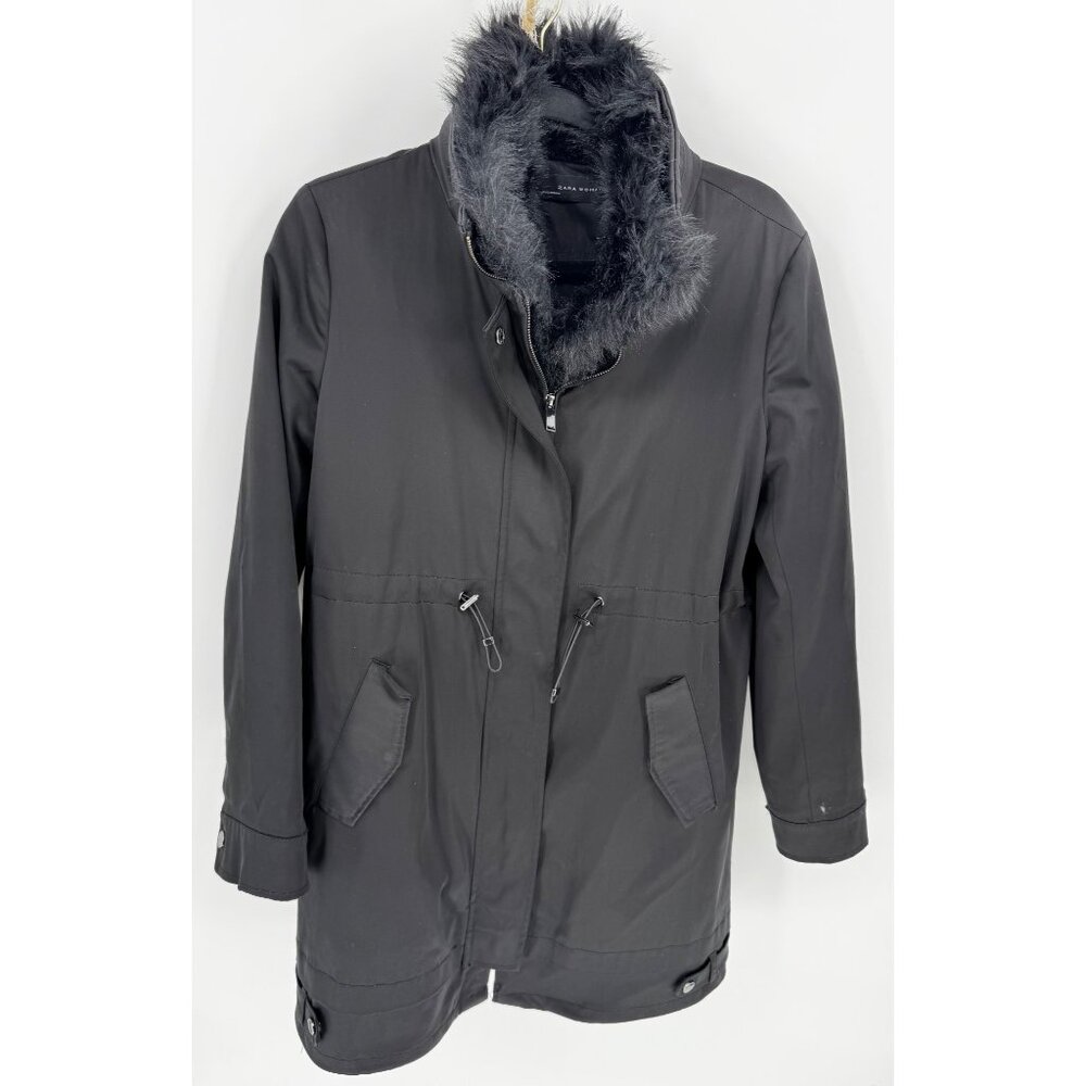 ZARA WOMAN Black Faux Fur Trimmed Winter Coat Full Zip